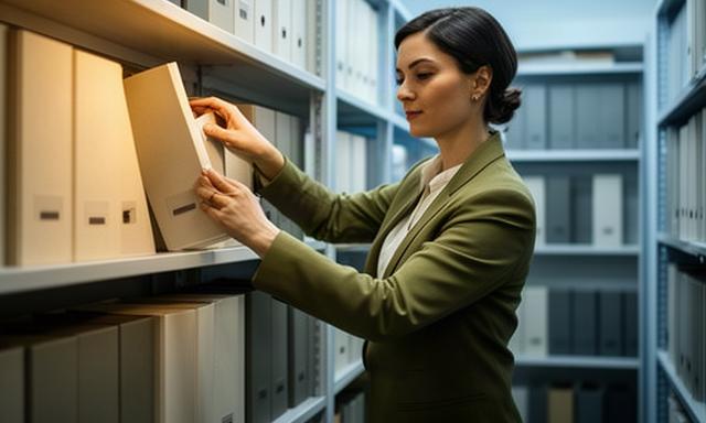 アクセスを制限した書庫で、担当者が契約関連書類を整理している様子