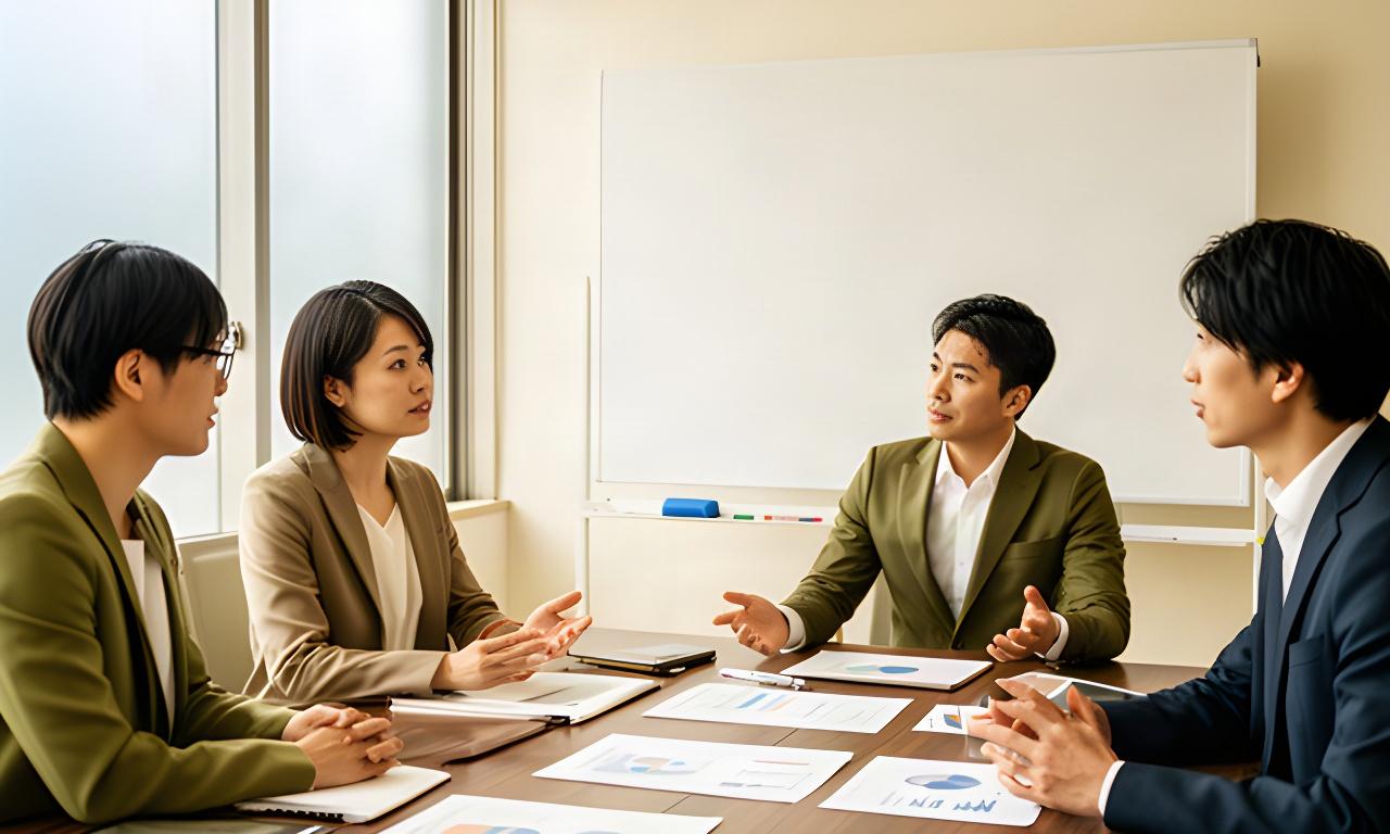 サービス企業の会議室で管理職が人事評価の見直しを話し合う様子