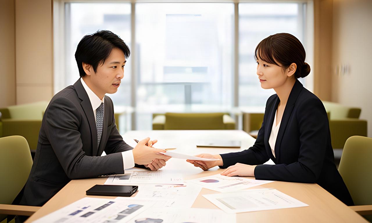 熊本市内の会議室で経営者と支援担当者が事業計画を確認する様子