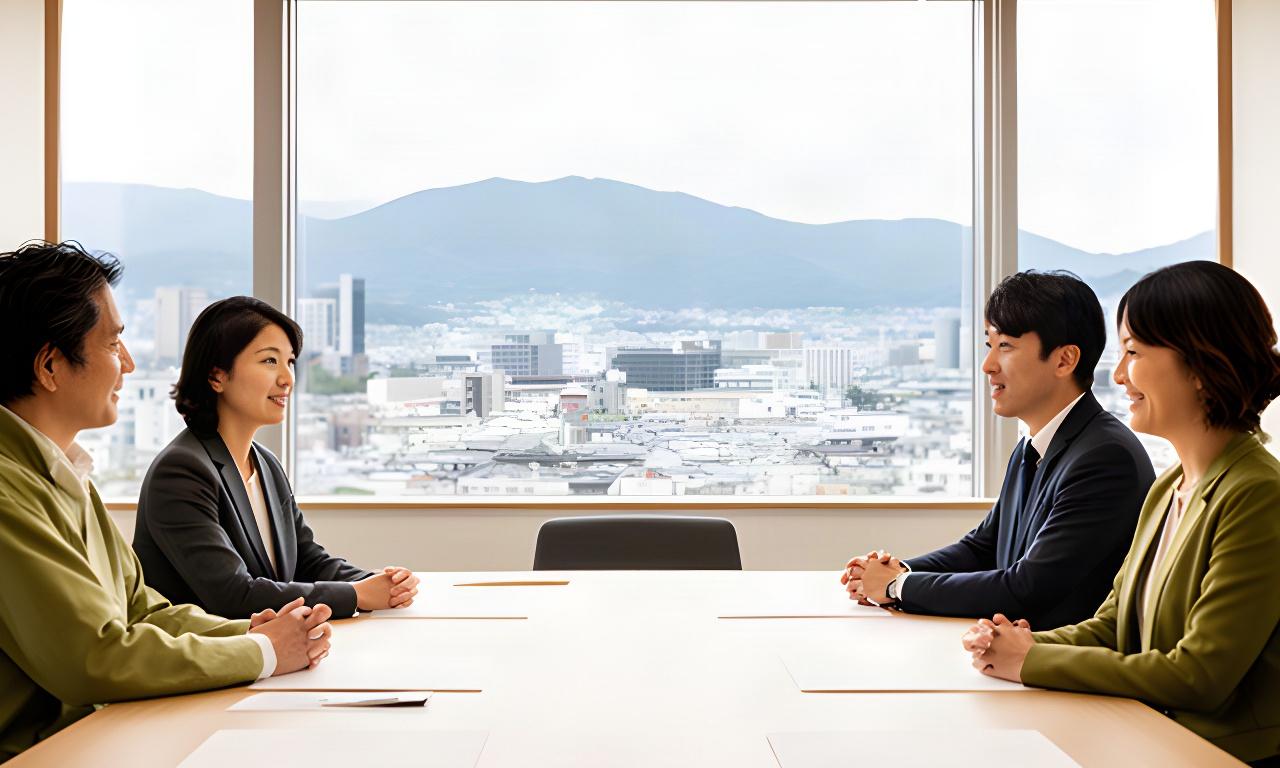 熊本市の街並みを望む打ち合わせ室で、経営資料を囲むコンサルタントと地域企業の担当者