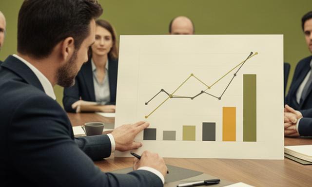 経営者が月次会議で部門別の売上と利益の推移を確かめる様子