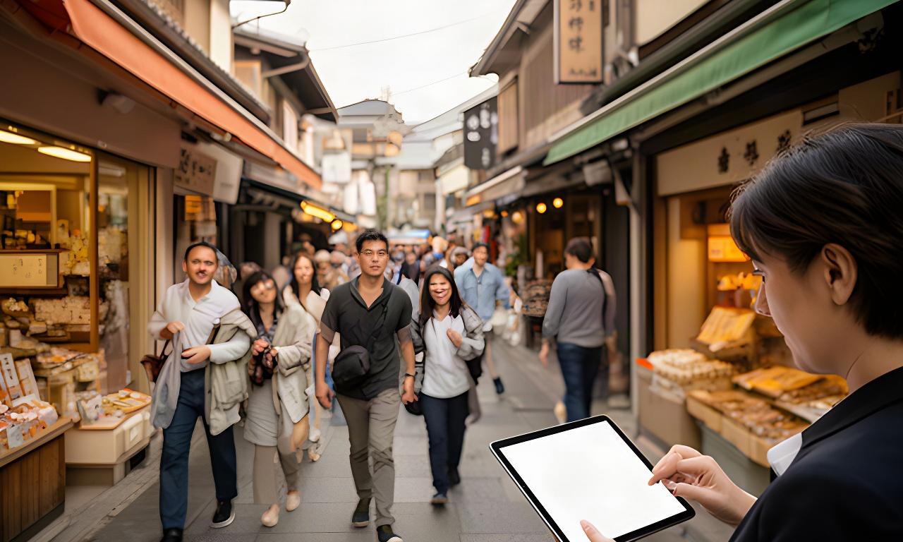 九州の商店街を歩く買い物客と店舗を調査する市場リサーチの現場
