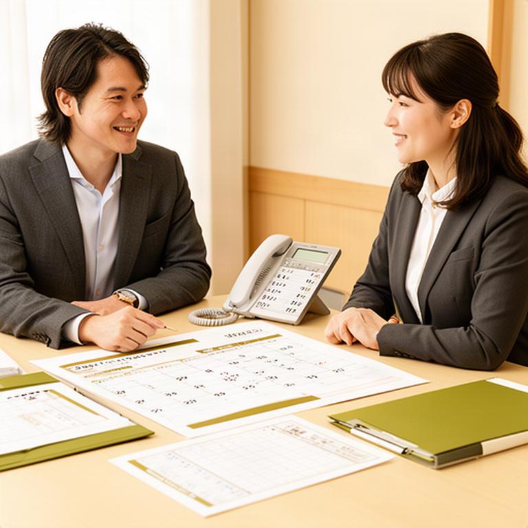 熊本のオフィスで経営相談の日程と必要資料を確認する担当者