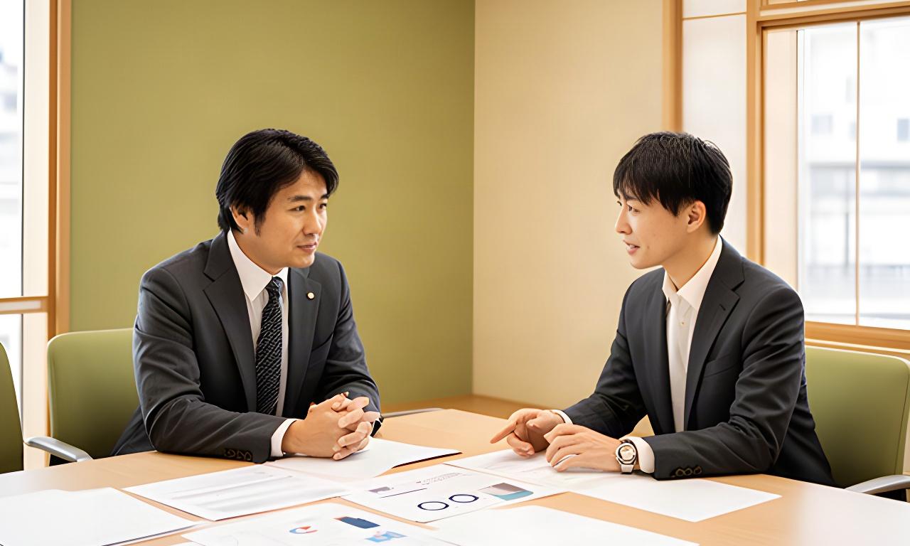 熊本市内の明るい会議室で、経営資料を囲んで相談する担当者と企業経営者