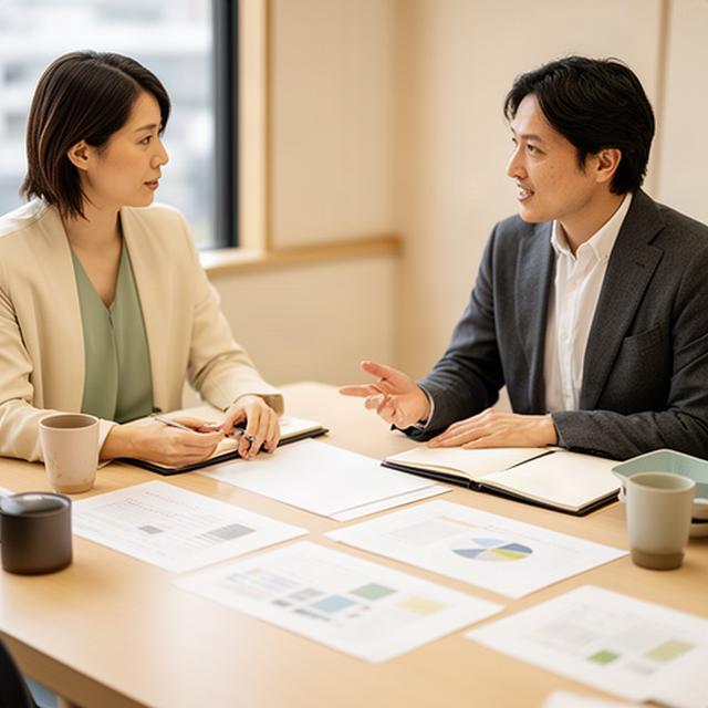熊本の企業担当者が地域の市場資料を見ながら事業計画について話し合う様子