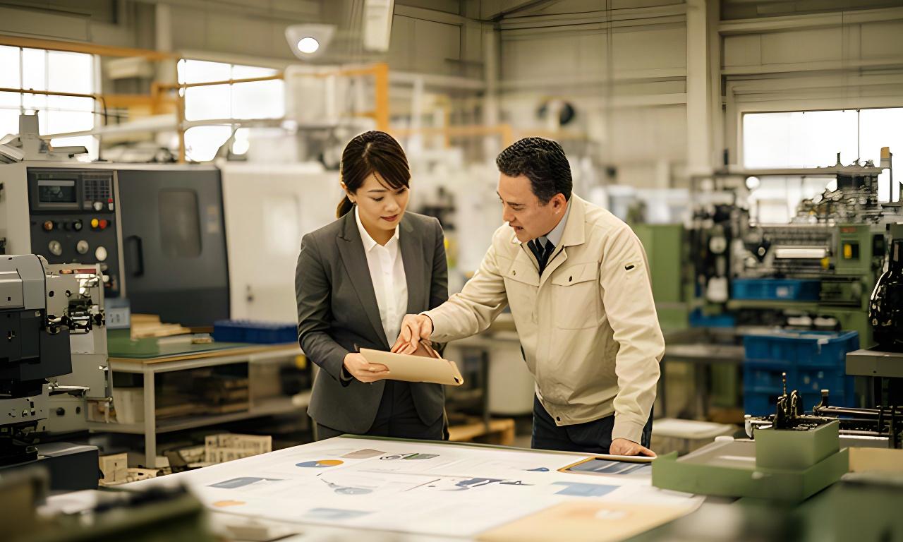熊本の製造現場で工程表を囲み、経営計画を確認する経営者と支援担当者