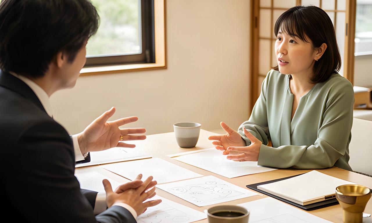 熊本の会議室で経営者とコンサルタントが資料を囲み、現状の課題を整理している様子