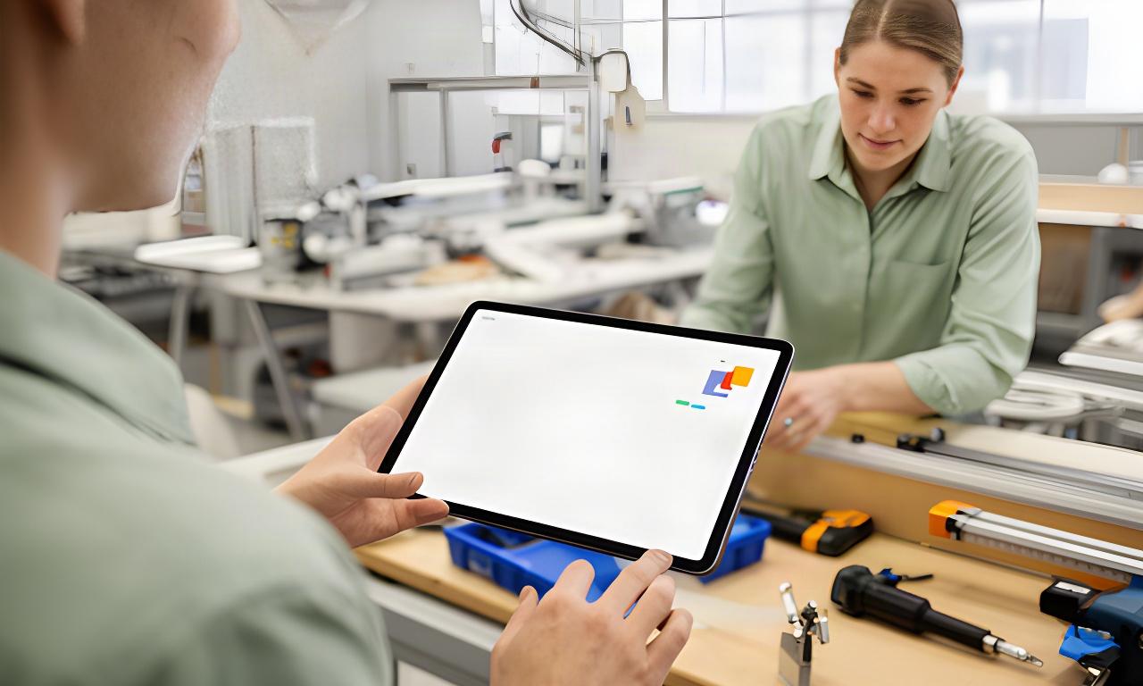 現場スタッフがタブレットで作業記録を入力し、新しい業務手順を試す様子