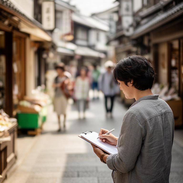 熊本市の商店街で調査担当者が店舗の客層と競合状況を記録する様子