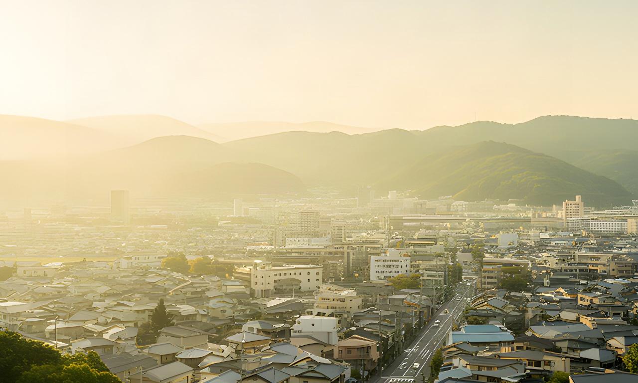 熊本市街を見渡す高台から望む朝の景色と、手前に広がる地域の街並み