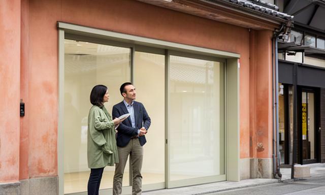 商店街の新店舗候補地を現地確認する小売業の経営者