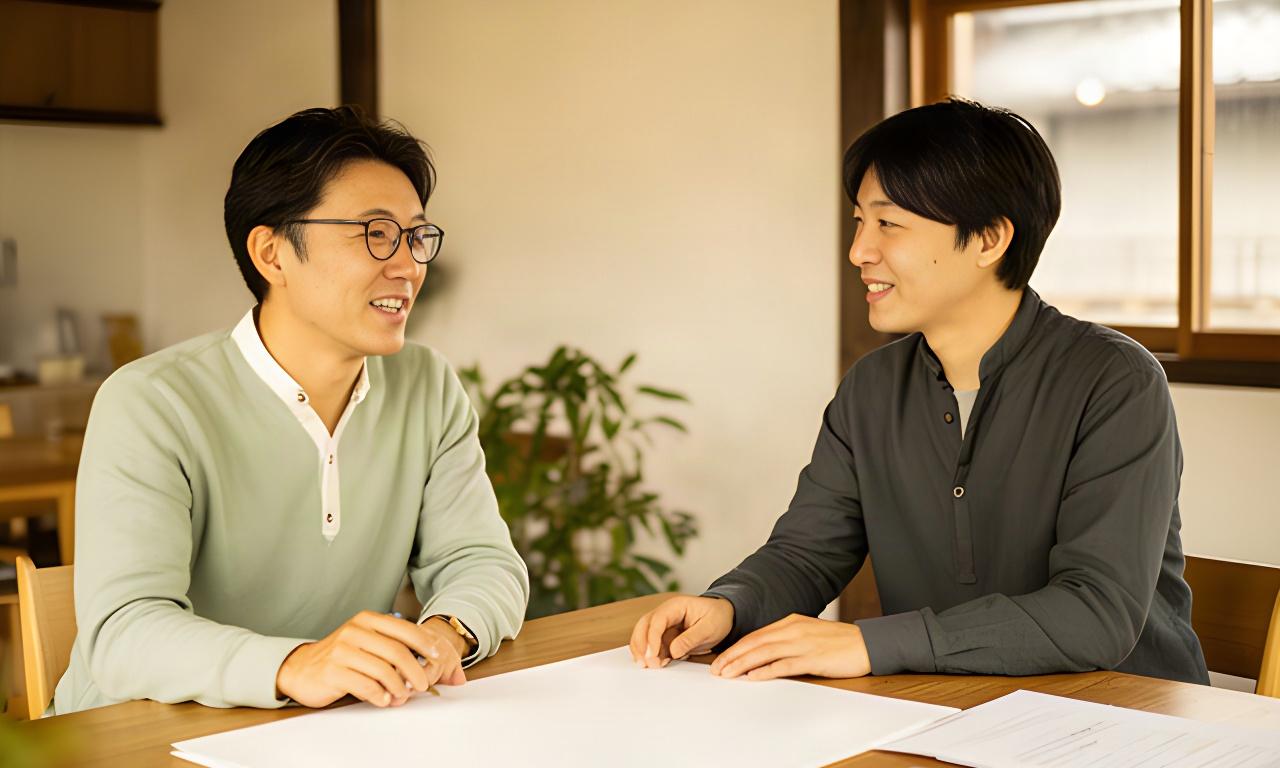 熊本市西区の打ち合わせスペースで、地域企業の経営者と計画を確認する様子
